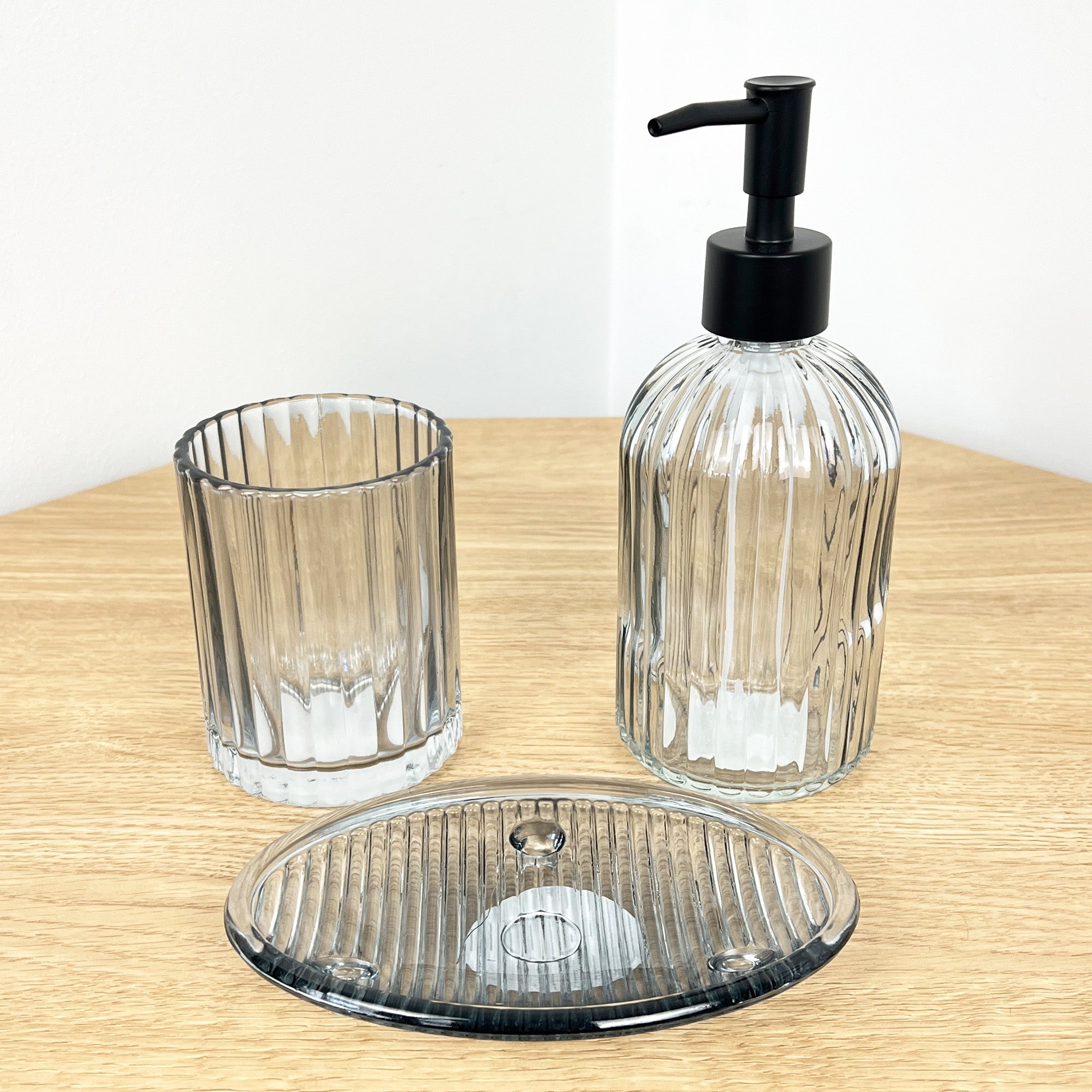 Bathroom Sink Accessories Set - Grey Ribbed Glass