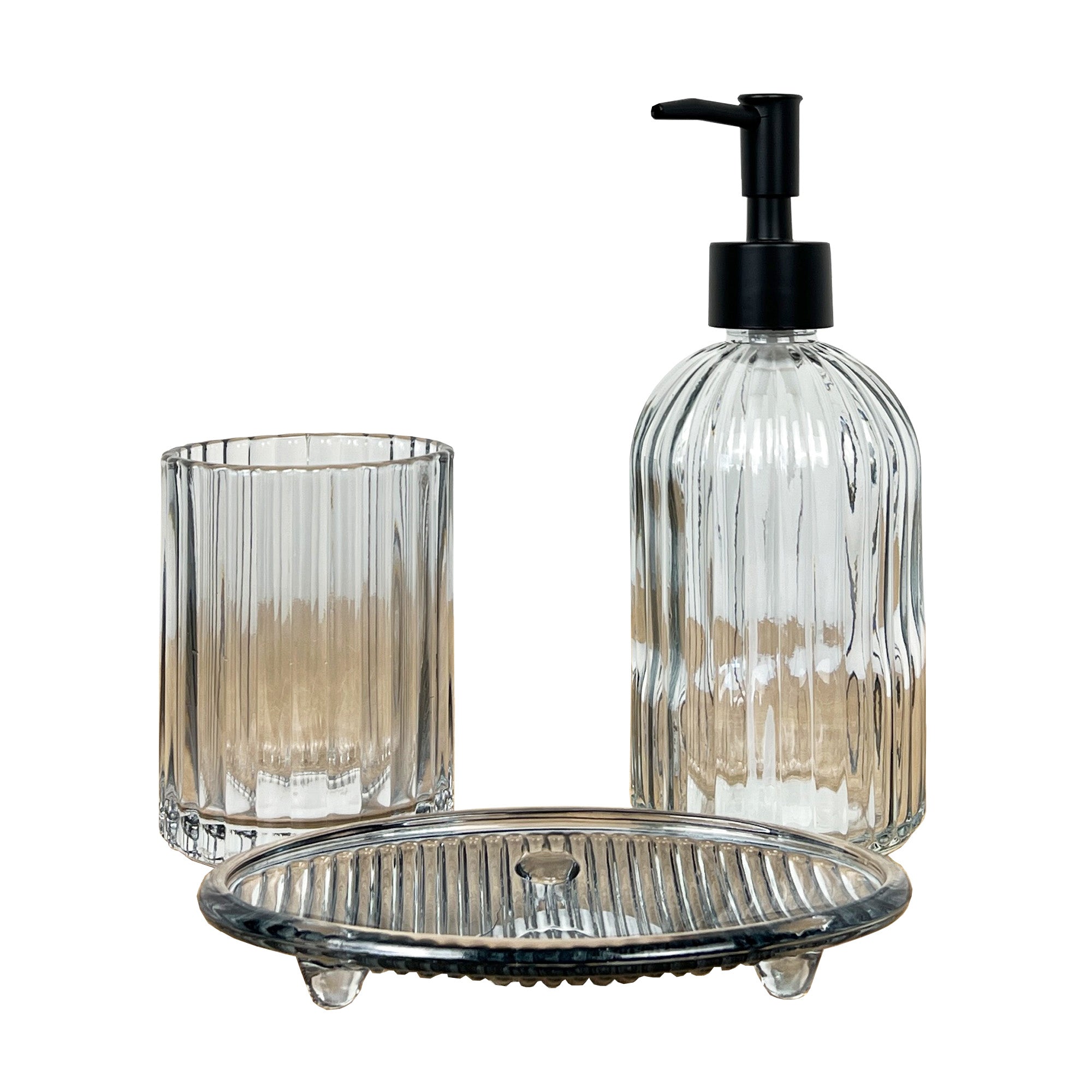 Bathroom Sink Accessories Set - Grey Ribbed Glass