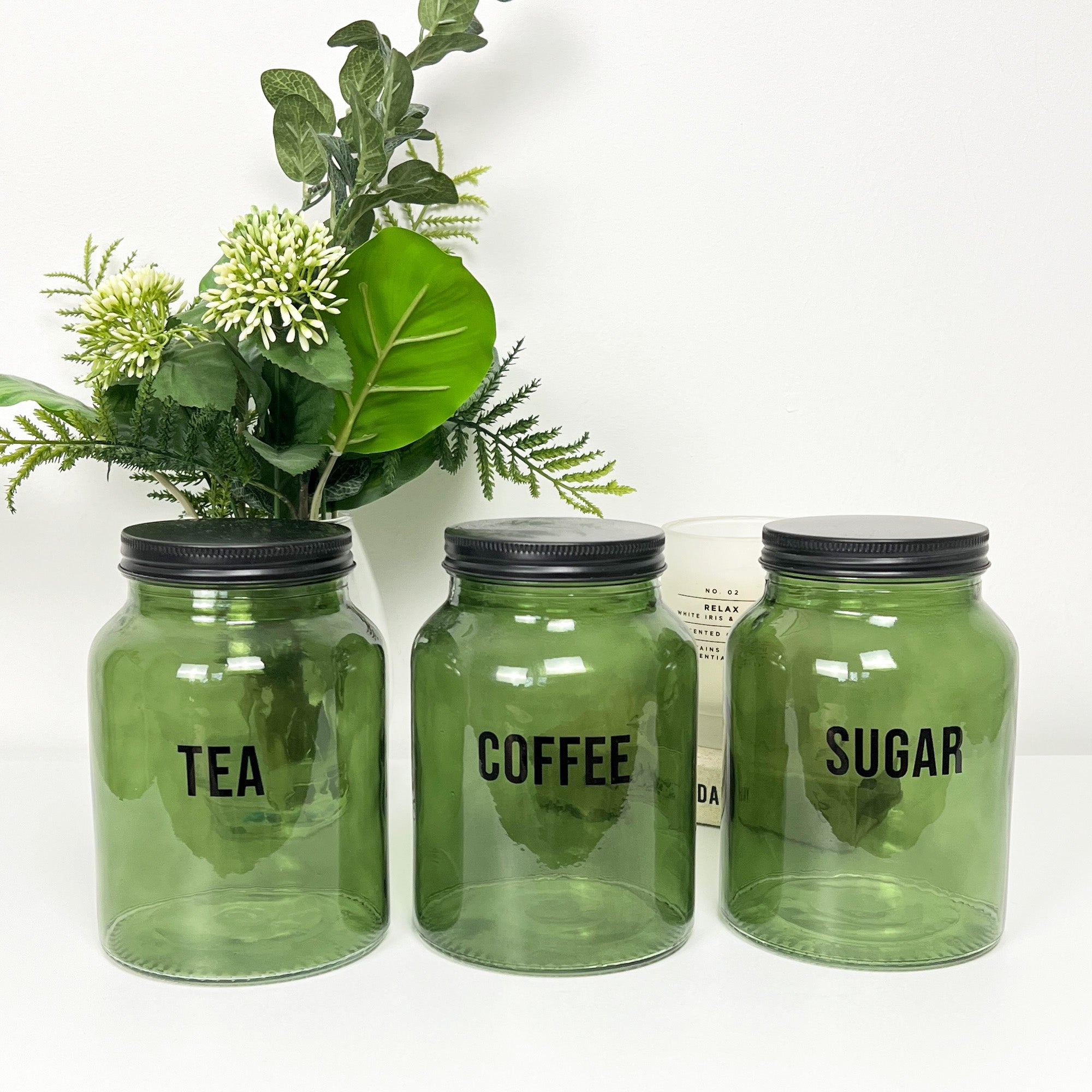 Tea Coffee Sugar Canisters - Green Glass