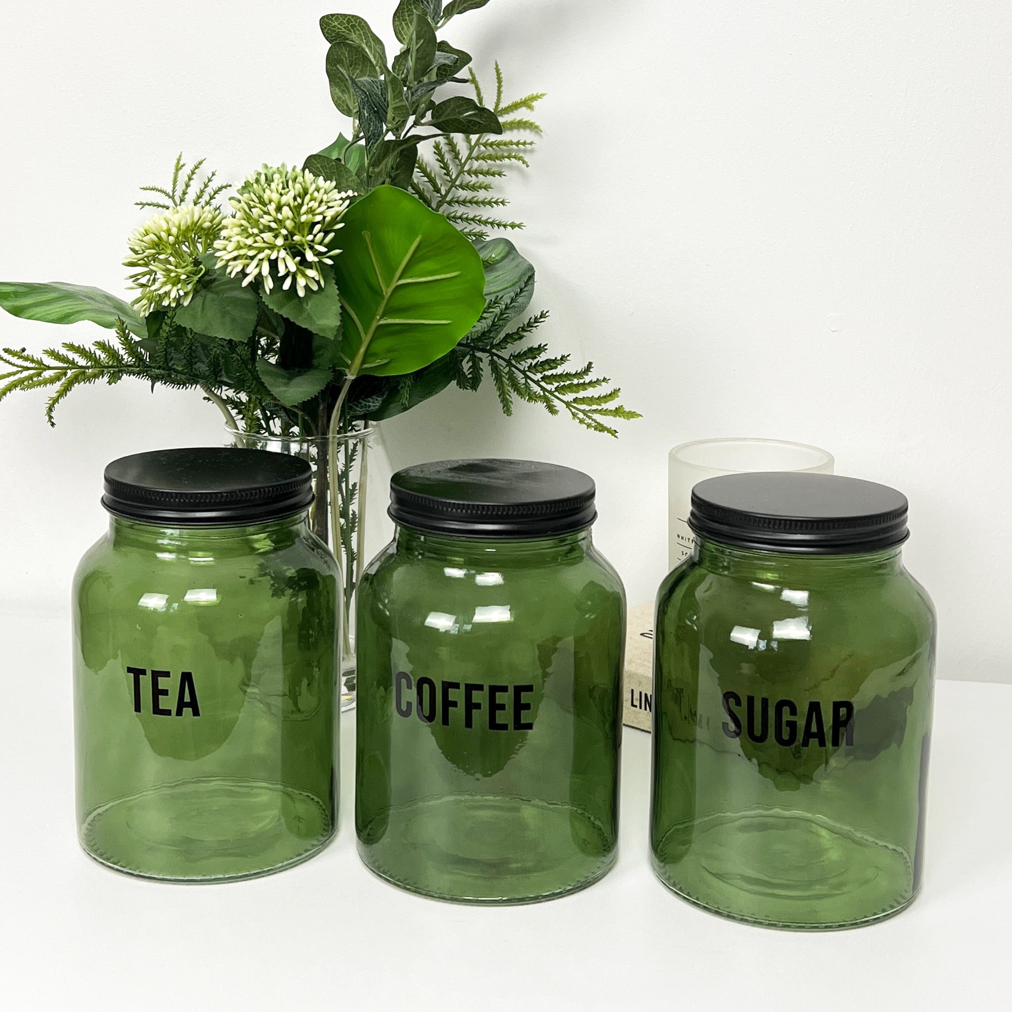 Tea Coffee Sugar Canisters - Green Glass