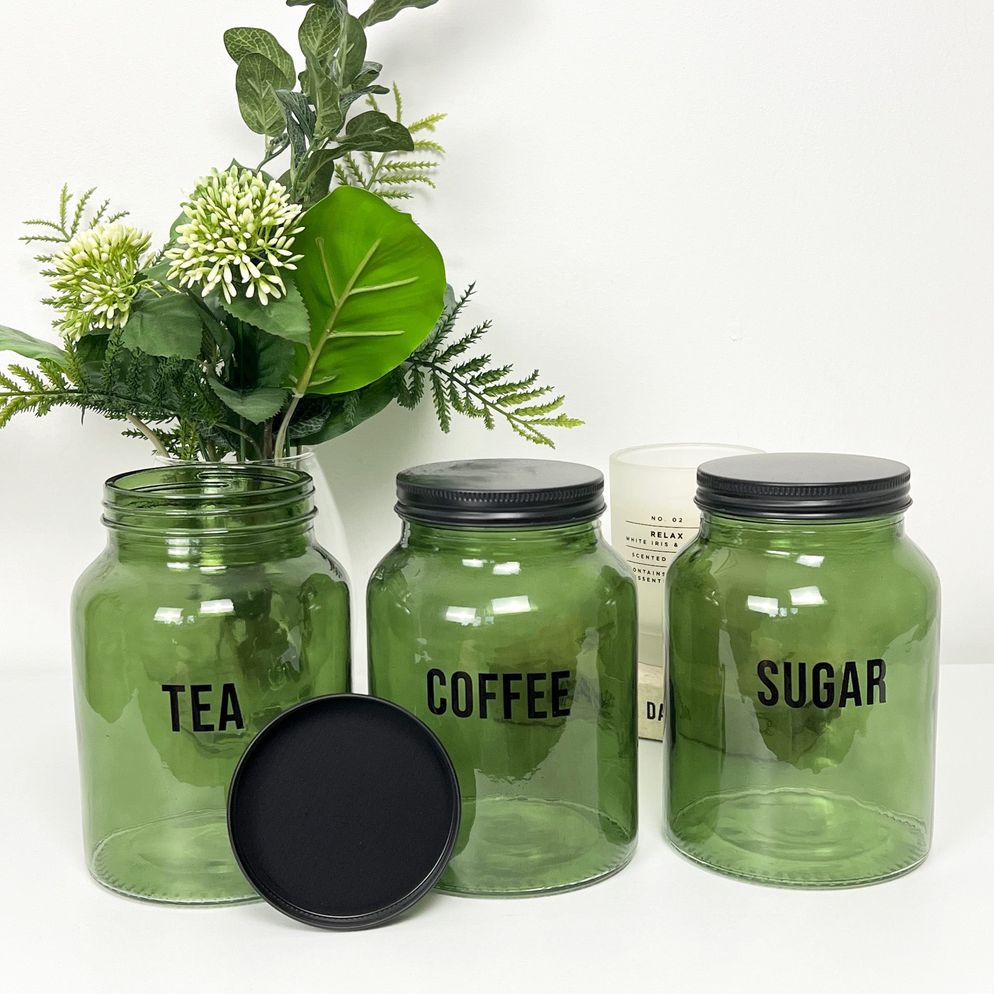 Tea Coffee Sugar Canisters - Green Glass