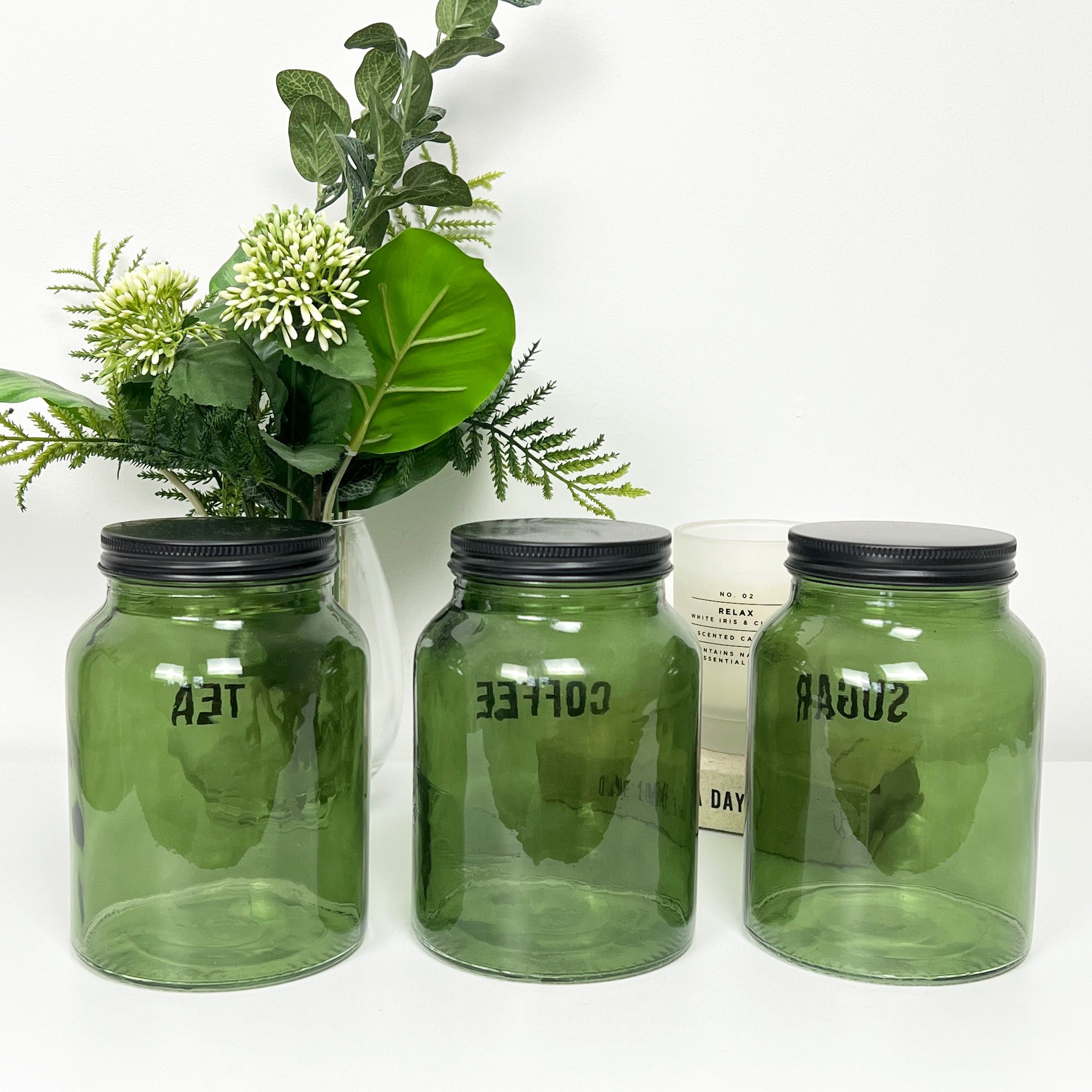 Tea Coffee Sugar Canisters - Green Glass
