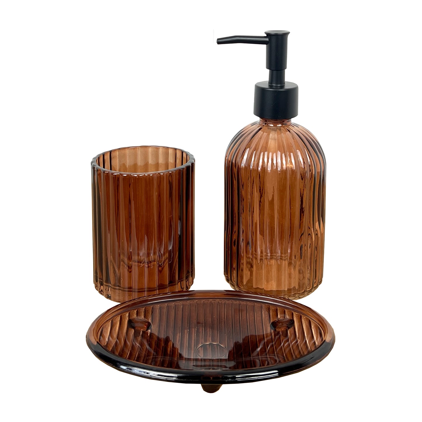 Bathroom Sink Accessories Set - Amber Ribbed Glass