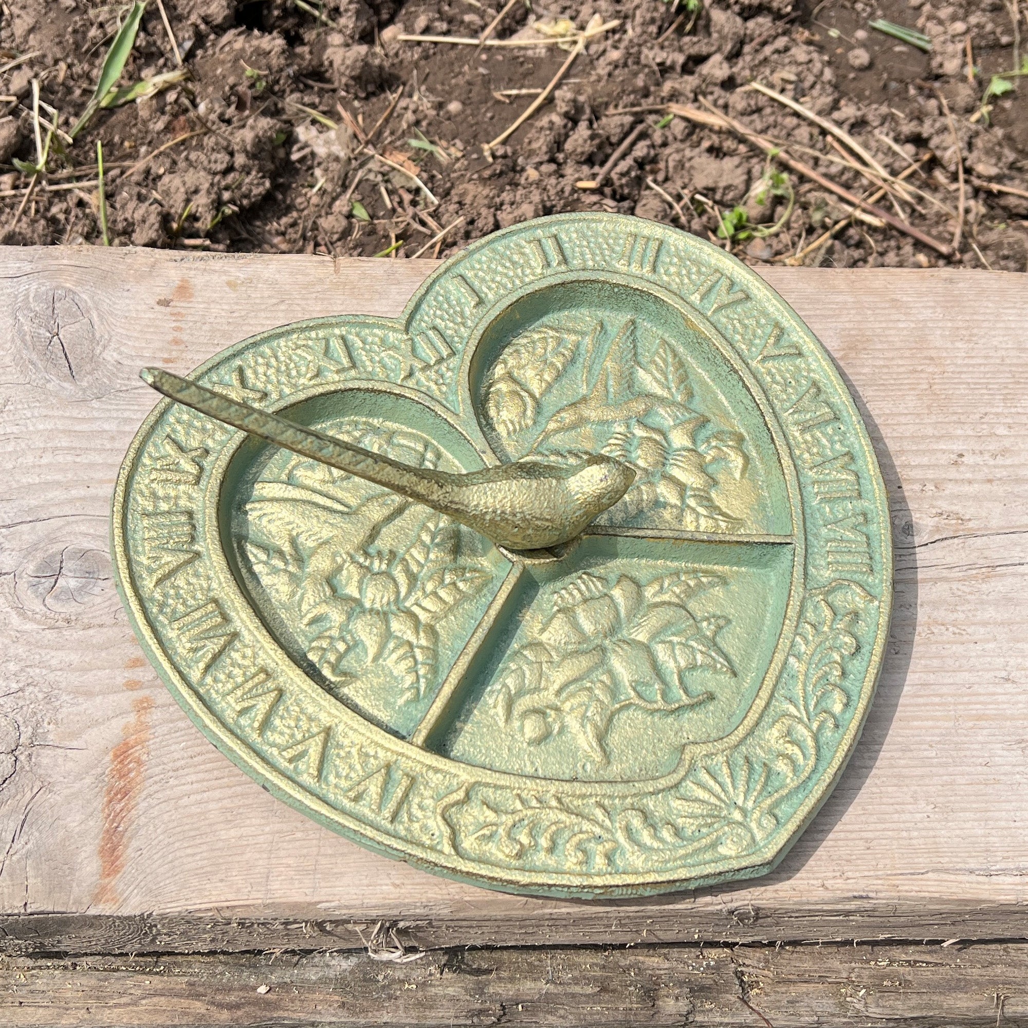 Heart Shaped Sundial with Bird - Cast Iron