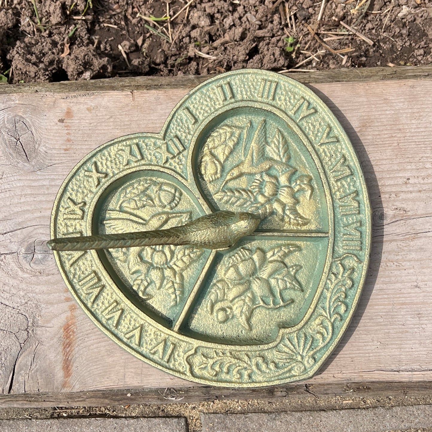 Heart Shaped Sundial with Bird - Cast Iron