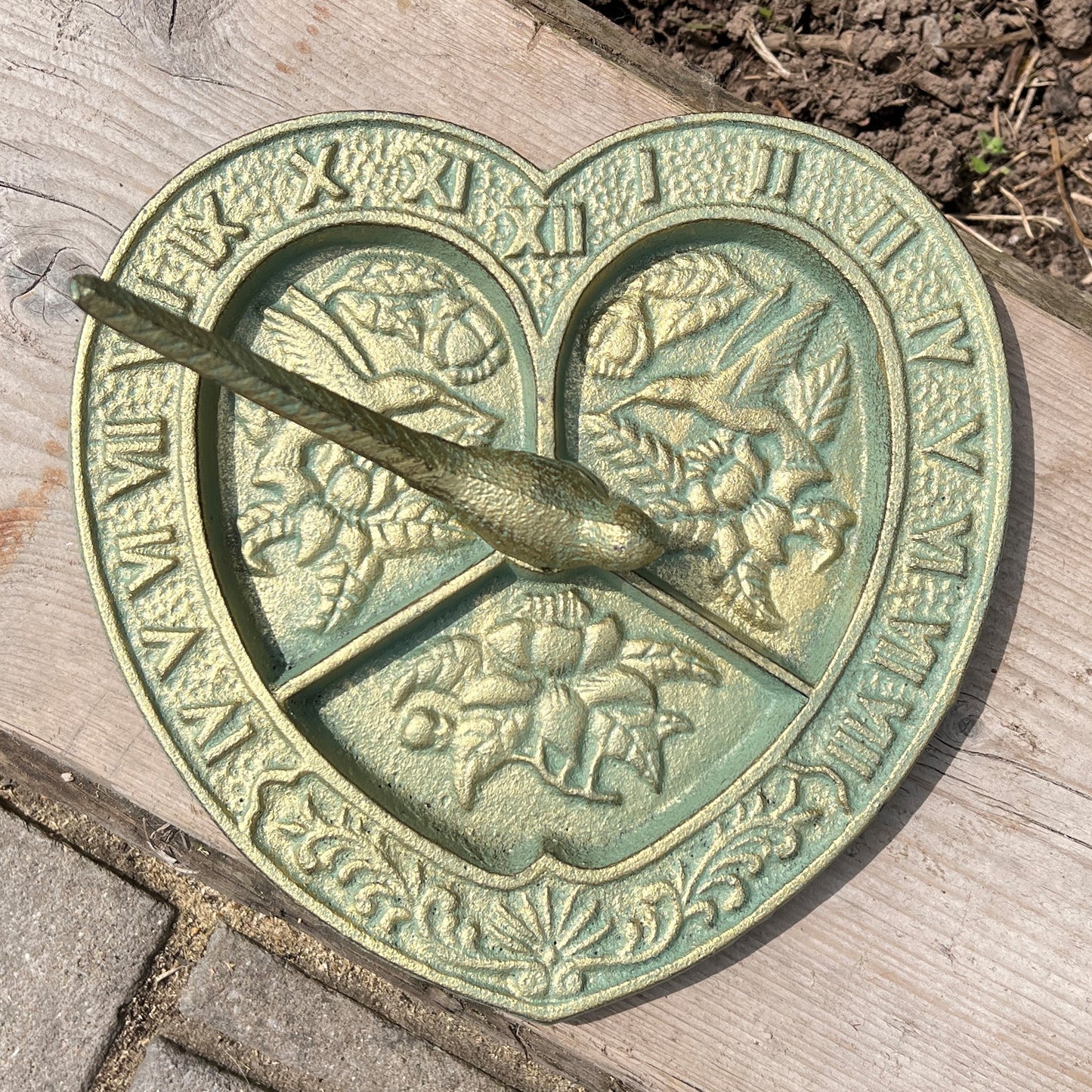 Heart Shaped Sundial with Bird - Cast Iron