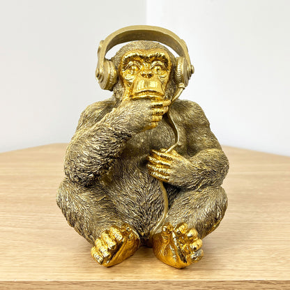 Monkey wearing Headphones Ornament - Gold