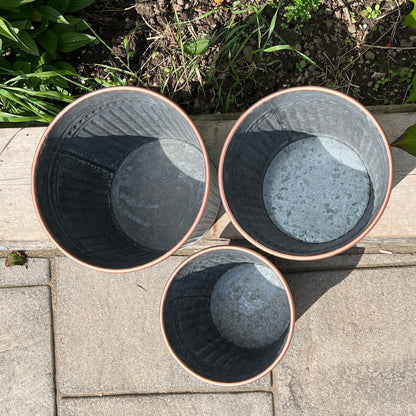 Set of 3 Round Metal Planters - Rose Gold Rim