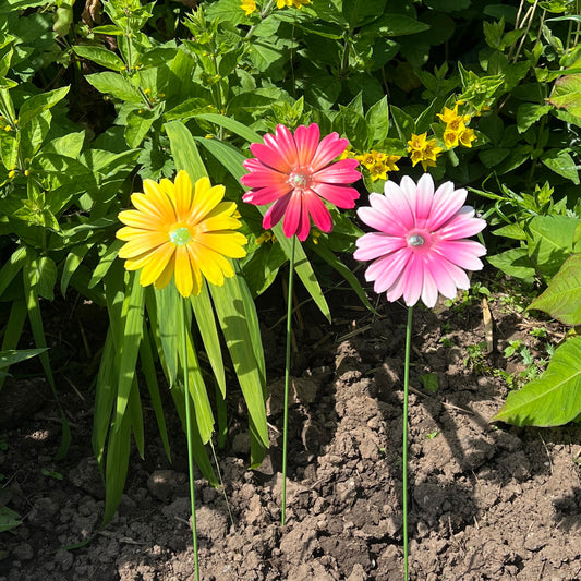 Set of 3 Metal Daisy Stake Flowers Garden Decorations - Mix #2