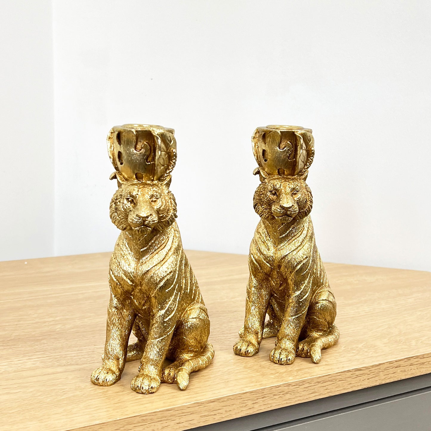 Pair of Gold Tiger Candle Holders – Resin