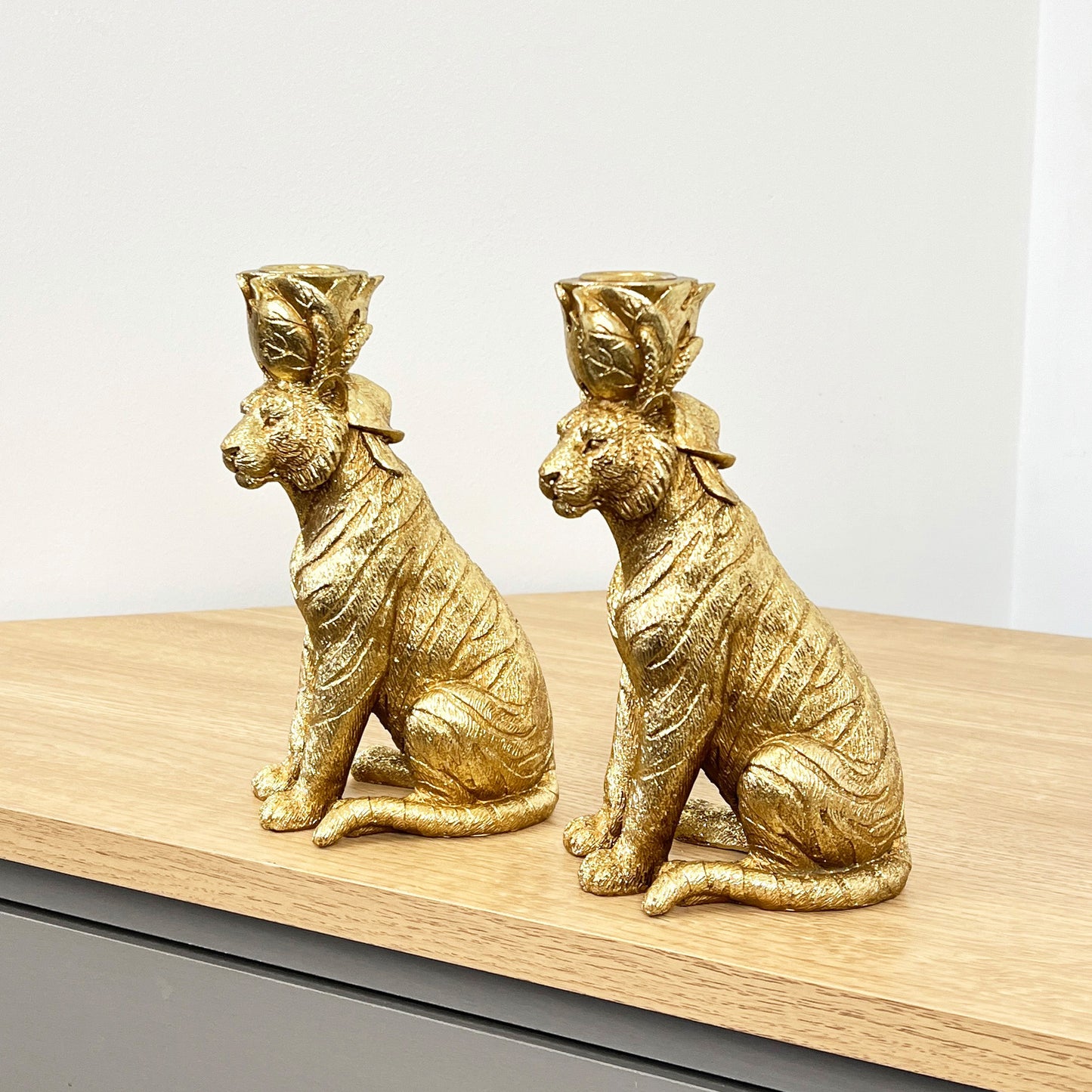 Pair of Gold Tiger Candle Holders – Resin