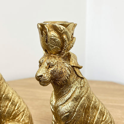 Pair of Gold Tiger Candle Holders – Resin