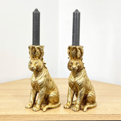 Pair of Gold Tiger Candle Holders – Resin