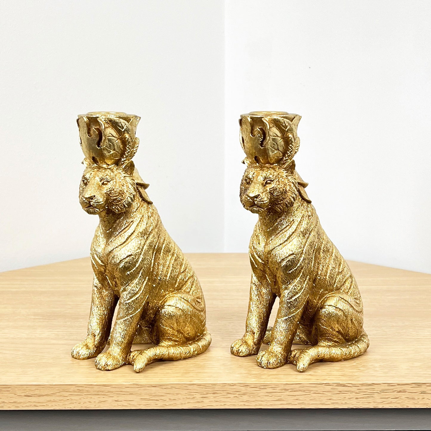 Pair of Gold Tiger Candle Holders – Resin