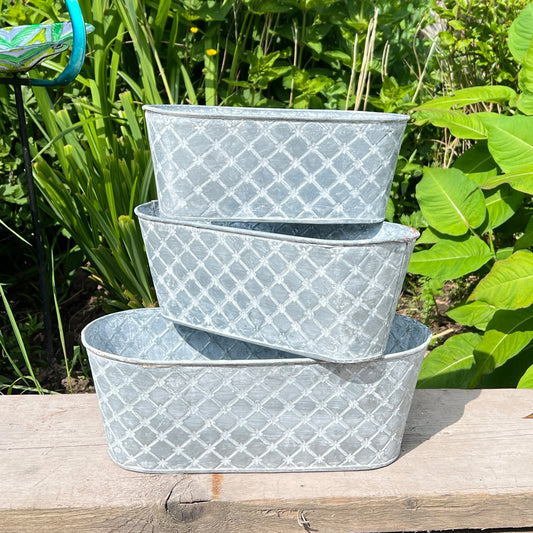 Set of 3 Oval Metal Planters / Troughs - Diamond Pattern