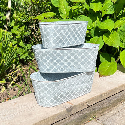 Set of 3 Oval Metal Planters / Troughs - Diamond Pattern