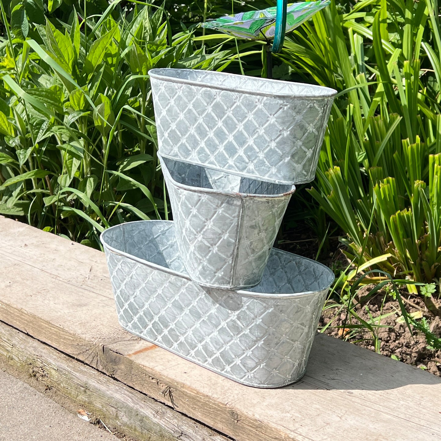 Set of 3 Oval Metal Planters / Troughs - Diamond Pattern