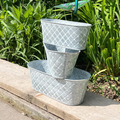 Set of 3 Oval Metal Planters / Troughs - Diamond Pattern