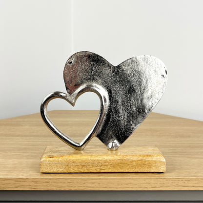 15.7cm Tall Metal Hearts on Wooden Stand Ornament