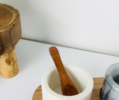 Marble Salt and Pepper Pinch Pots with Spoons and Base