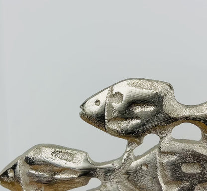 Metal Shoal of Fishes on Wood Ornament