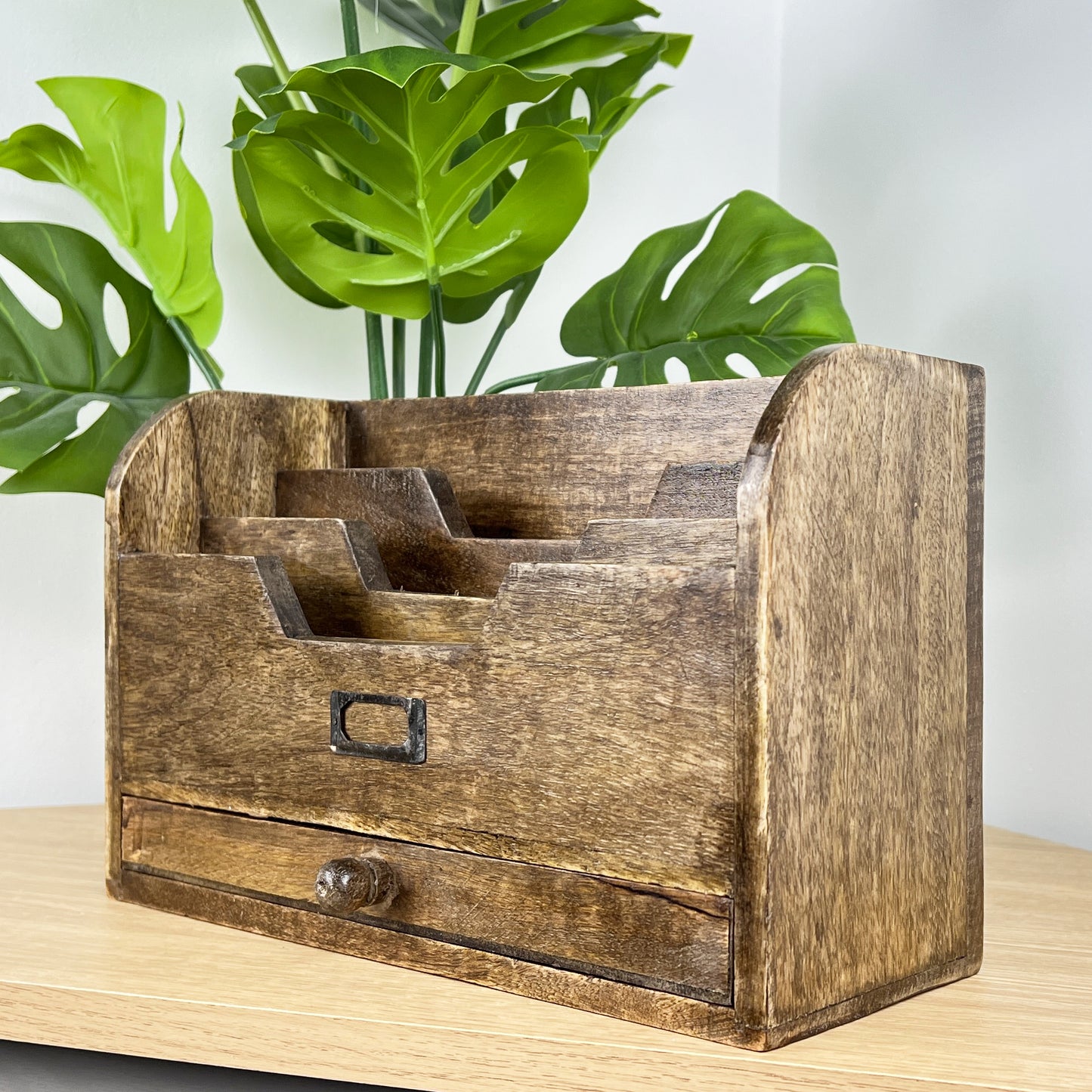 Large Mango Wood Letter Rack Desk Organiser