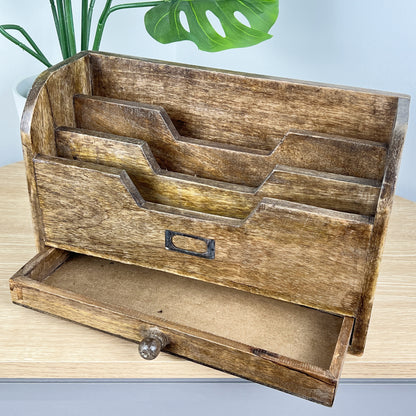 Large Mango Wood Letter Rack Desk Organiser