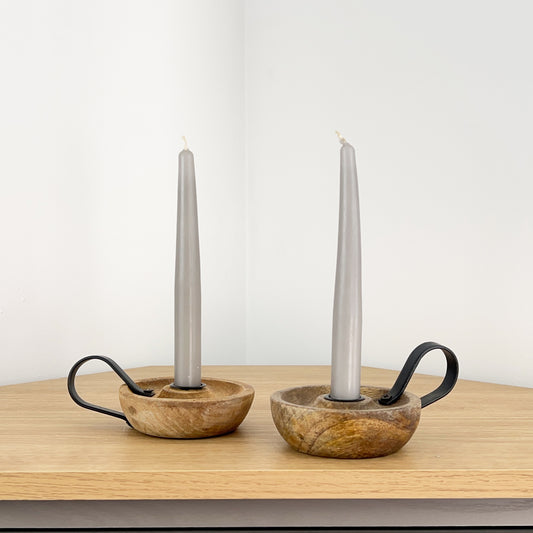 Pair of Mango Wood Chamber Stick Candle Holders