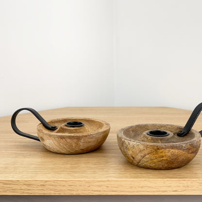 Pair of Mango Wood Chamber Stick Candle Holders