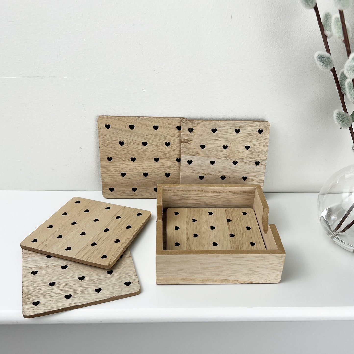 Hearts Wooden Coasters with Holder