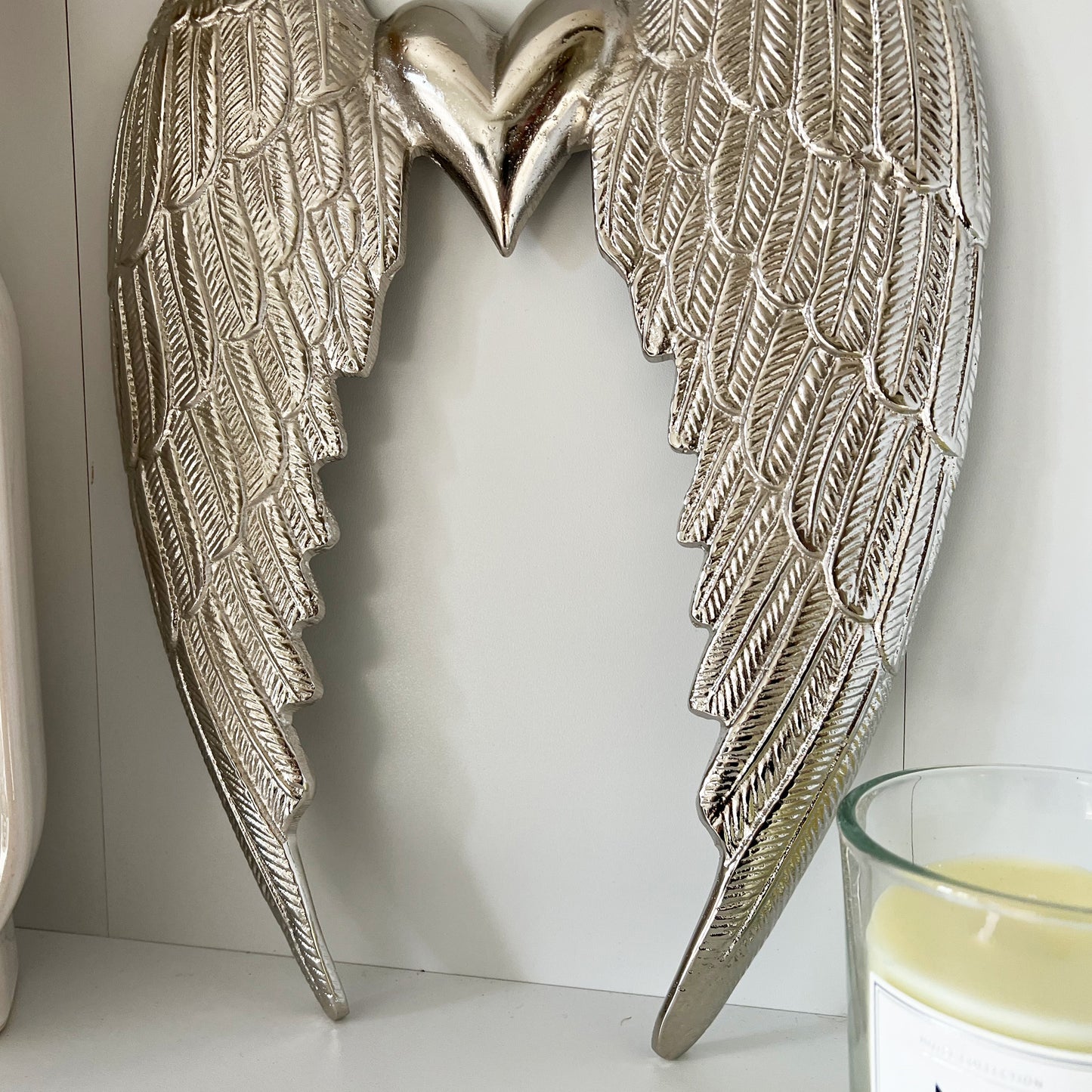 Silver Angel Wings Metal Wall Art Close Up 2