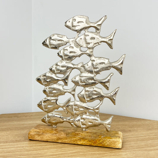 Metal Shoal of Fishes on Wood Ornament