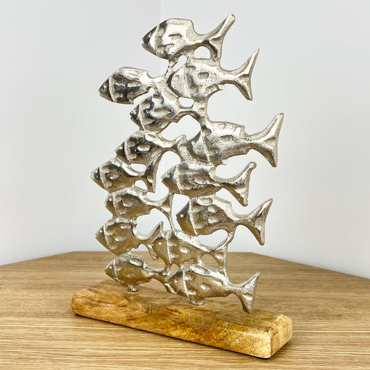 Metal Shoal of Fishes on Wood Ornament