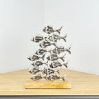 Metal Shoal of Fishes on Wood Ornament