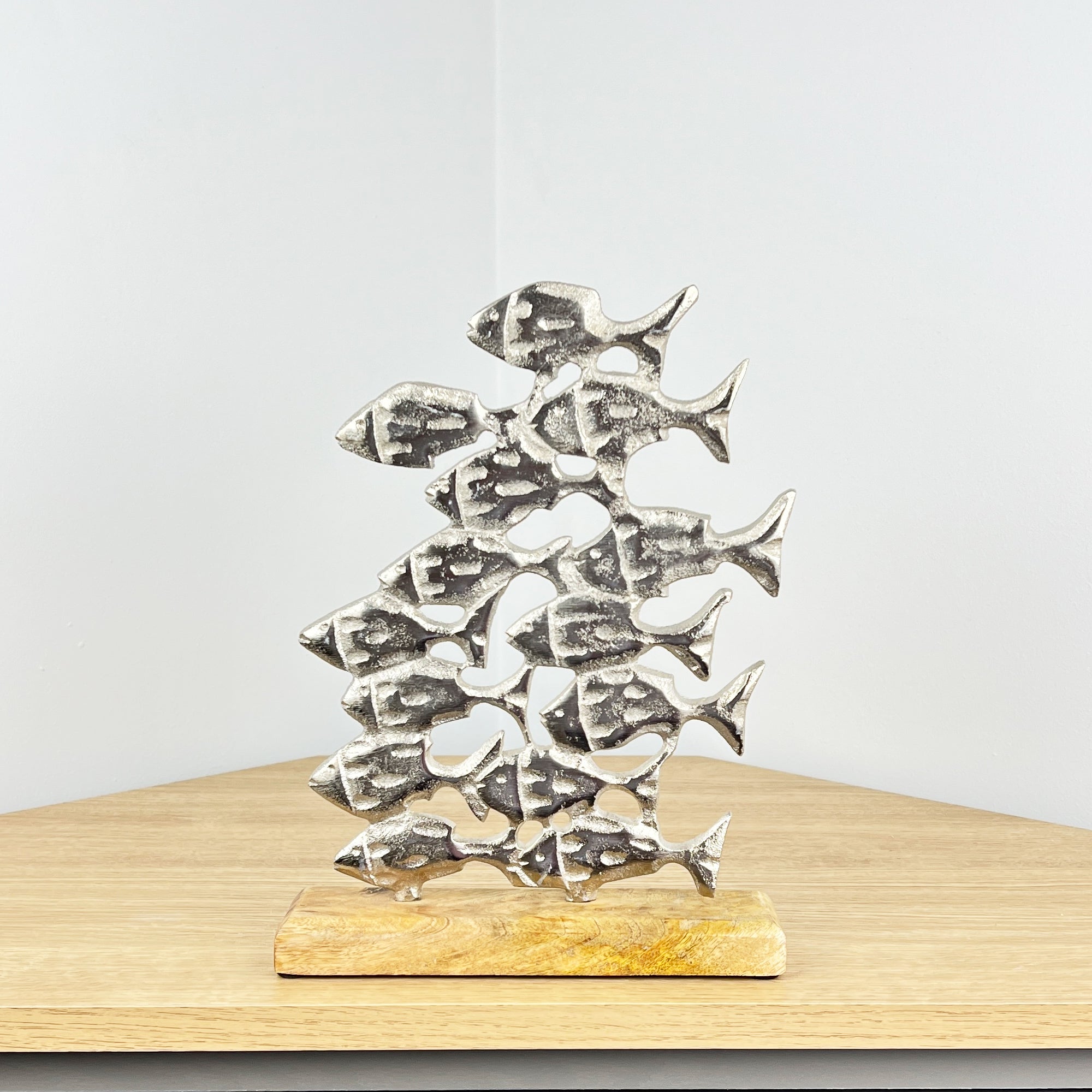 Metal Shoal of Fishes on Wood Ornament