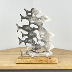 Metal Shoal of Fishes on Wood Ornament