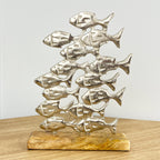 Metal Shoal of Fishes on Wood Ornament